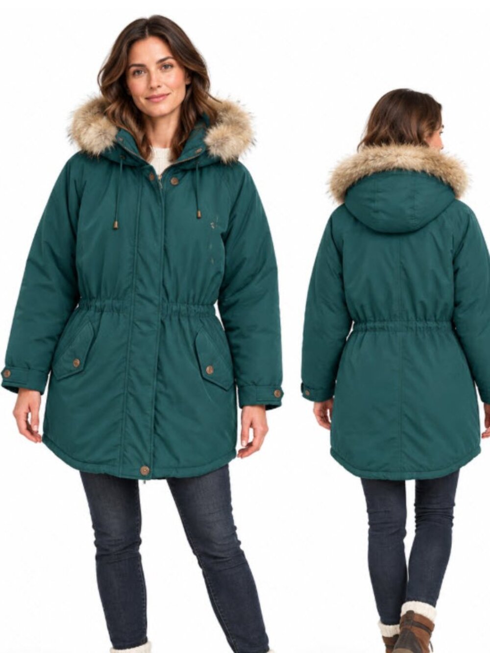 Eddie Bauer Polar Parka Goose Down Coyote Fur Hood Green Size L Vintage
